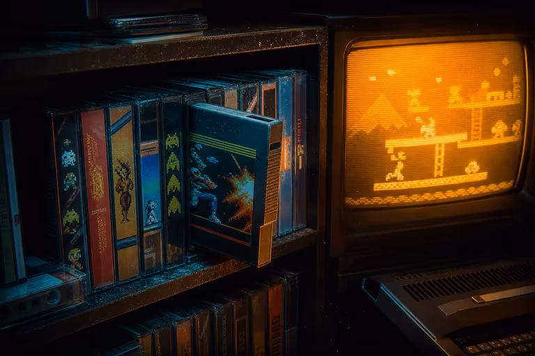 Estantería de cartuchos y cintas de 8 bits iluminada por un CRT ámbar