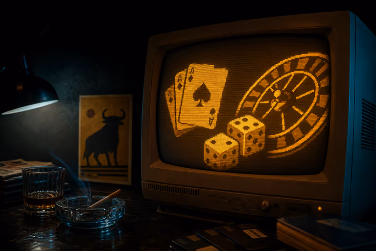 Monitor CRT con siluetas de cartas y ruleta en pixel art, ambiente ámbar