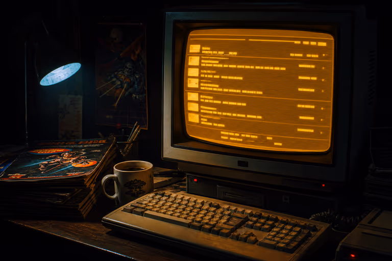 Monitor CRT nocturno con un tablón de mensajes en píxeles, teclado y revistas escaneadas