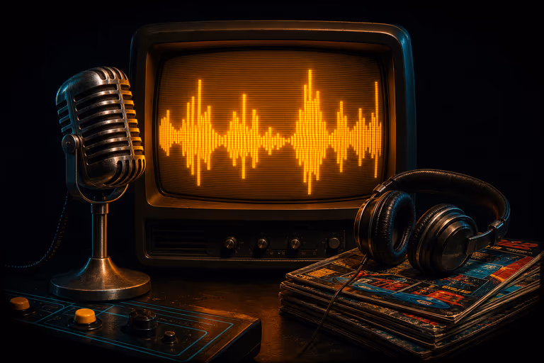 Micrófono de radio vintage frente a un CRT ámbar con forma de onda en píxeles
