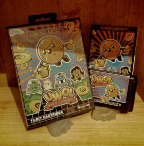Cartucho y caja de Uwol para Mega Drive